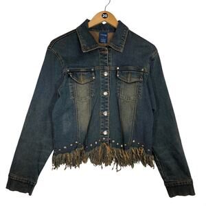 Village Jeans Blue Denim Fringed Jacket Size Large